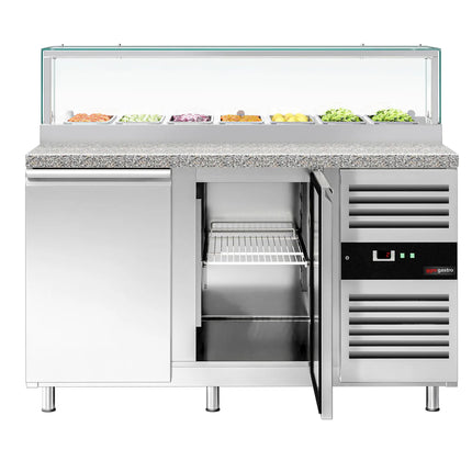 GGM Gastro Commercial Saladette Counter PREMIUM - 1510mm - 390L - 2 doors - with glass canopy for 7 x GN 1/3 & 1 shelf