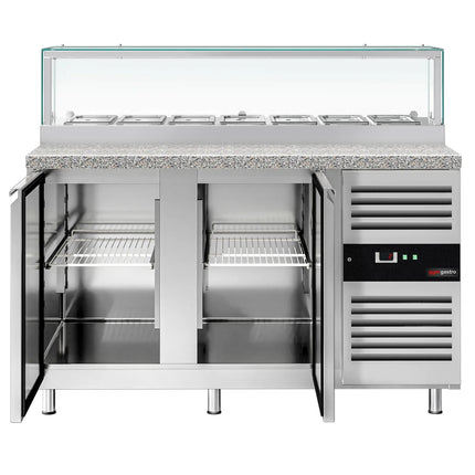 GGM Gastro Commercial Saladette Counter PREMIUM - 1510mm - 390L - 2 doors - with glass canopy for 7 x GN 1/3 & 1 shelf