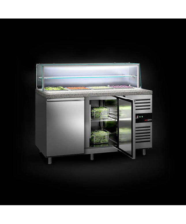 GGM Gastro Commercial Saladette Counter PREMIUM - 1515mm - 390L - 2 doors - with glass canopy for 4 x GN 1/1 & 1 shelf