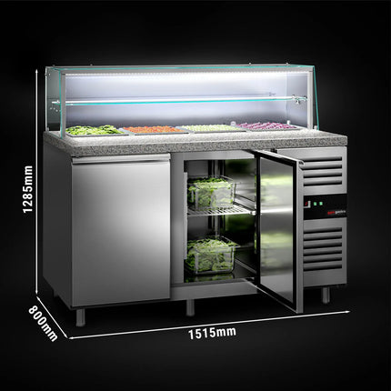 GGM Gastro Commercial Saladette Counter PREMIUM - 1515mm - 390L - 2 doors - with glass canopy for 4 x GN 1/1 & 1 shelf