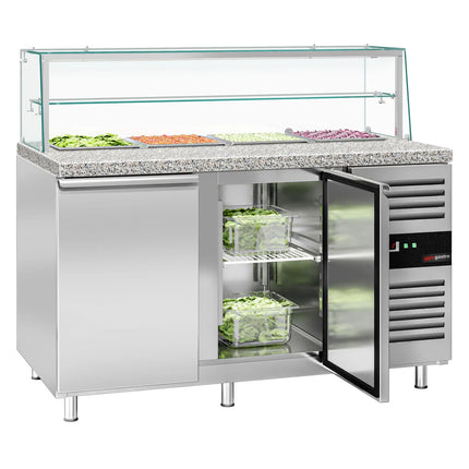 GGM Gastro Commercial Saladette Counter PREMIUM - 1515mm - 390L - 2 doors - with glass canopy for 4 x GN 1/1 & 1 shelf
