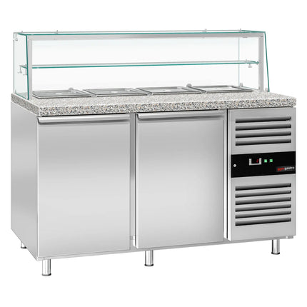 GGM Gastro Commercial Saladette Counter PREMIUM - 1515mm - 390L - 2 doors - with glass canopy for 4 x GN 1/1 & 1 shelf