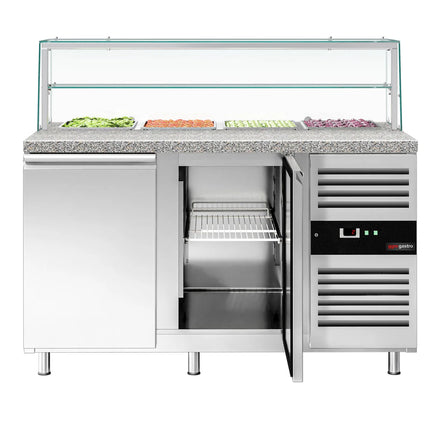 GGM Gastro Commercial Saladette Counter PREMIUM - 1515mm - 390L - 2 doors - with glass canopy for 4 x GN 1/1 & 1 shelf