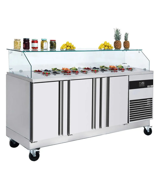 GGM Gastro Commercial Saladette Counter PREMIUM - 1865mm - 3 doors - with square glass canopy for 8 x GN 1/6