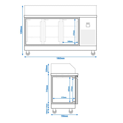 GGM Gastro Commercial Saladette Counter PREMIUM - 1865mm - 3 doors - with square glass canopy for 8 x GN 1/6