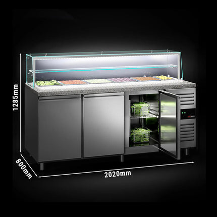 GGM Gastro Commercial Saladette Counter PREMIUM - 2020mm - 580L - 3 doors - with glass canopy for 5 x GN 1/1 & 1 x GN 2/4 & 1 shelf