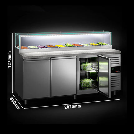 GGM Gastro Commercial Saladette Counter PREMIUM - 2020mm - 580L - 3 doors - with glass canopy for 10 x GN 1/3 & 1 shelf