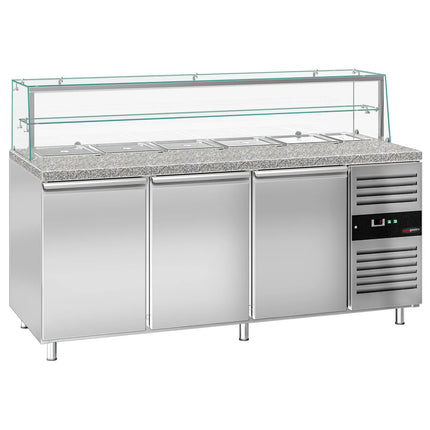 GGM Gastro Commercial Saladette Counter PREMIUM - 2020mm - 580L - 3 doors - with glass canopy for 5 x GN 1/1 & 1 x GN 2/4 & 1 shelf