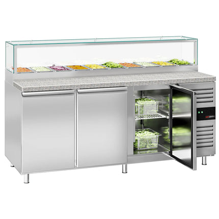 GGM Gastro Commercial Saladette Counter PREMIUM - 2020mm - 580L - 3 doors - with glass canopy for 10 x GN 1/3 & 1 shelf