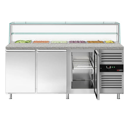 GGM Gastro Commercial Saladette Counter PREMIUM - 2020mm - 580L - 3 doors - with glass canopy for 5 x GN 1/1 & 1 x GN 2/4 & 1 shelf