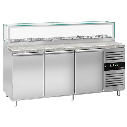 GGM Gastro Commercial Saladette Counter PREMIUM - 2020mm - 580L - 3 doors - with glass canopy for 10 x GN 1/3 & 1 shelf