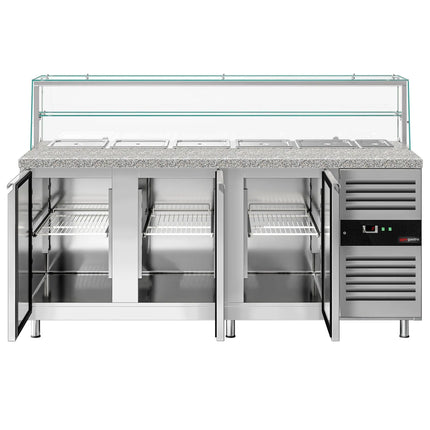 GGM Gastro Commercial Saladette Counter PREMIUM - 2020mm - 580L - 3 doors - with glass canopy for 5 x GN 1/1 & 1 x GN 2/4 & 1 shelf