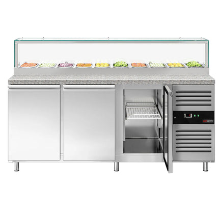 GGM Gastro Commercial Saladette Counter PREMIUM - 2020mm - 580L - 3 doors - with glass canopy for 10 x GN 1/3 & 1 shelf