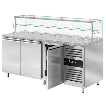 GGM Gastro Commercial Saladette Counter PREMIUM - 2020mm - 580L - 3 doors - with glass canopy for 5 x GN 1/1 & 1 x GN 2/4 & 1 shelf