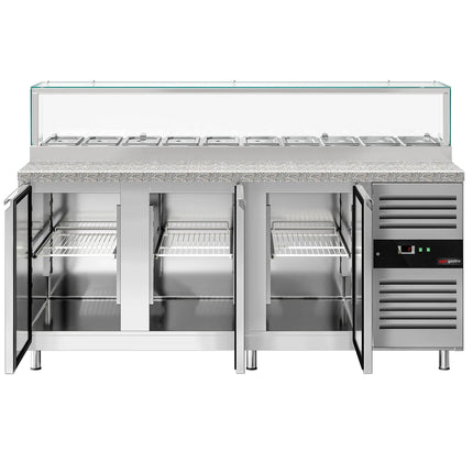 GGM Gastro Commercial Saladette Counter PREMIUM - 2020mm - 580L - 3 doors - with glass canopy for 10 x GN 1/3 & 1 shelf