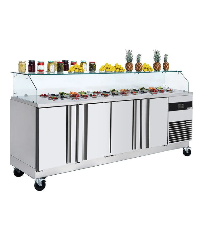 GGM Gastro Commercial Saladette Counter PREMIUM - 2330mm - 4 doors - with square glass canopy for 10 x GN 1/6