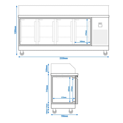 GGM Gastro Commercial Saladette Counter PREMIUM - 2330mm - 4 doors - with square glass canopy for 10 x GN 1/6