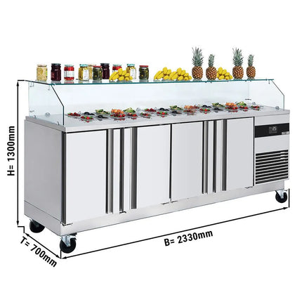 GGM Gastro Commercial Saladette Counter PREMIUM - 2330mm - 4 doors - with square glass canopy for 10 x GN 1/6