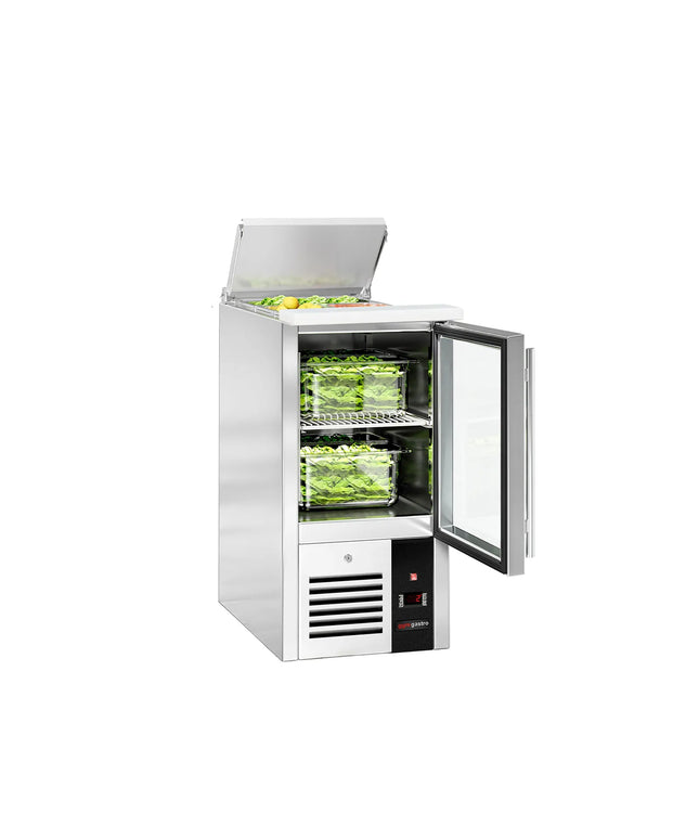 GGM Gastro Commercial Saladette Counter PREMIUM - 450mm - 102L - 1 glass door - open top for 1 x GN 1/1 & stainless steel hinged lid