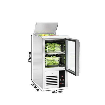GGM Gastro Commercial Saladette Counter PREMIUM - 450mm - 102L - 1 glass door - open top for 1 x GN 1/1 & stainless steel hinged lid