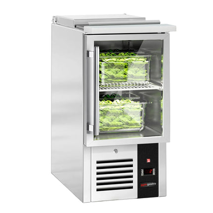GGM Gastro Commercial Saladette Counter PREMIUM - 450mm - 102L - 1 glass door - open top for 1 x GN 1/1 & stainless steel hinged lid