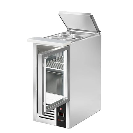 GGM Gastro Commercial Saladette Counter PREMIUM - 450mm - 102L - 1 glass door - open top for 1 x GN 1/1 & stainless steel hinged lid
