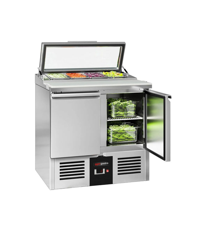 GGM Gastro Commercial Saladette Counter PREMIUM - 900mm - 159L - 2 doors - open top for 4 x GN 1/3 & glass lid