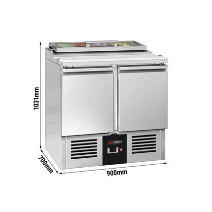 GGM Gastro Commercial Saladette Counter PREMIUM - 900mm - 159L - 2 doors - open top for 4 x GN 1/3 & glass lid