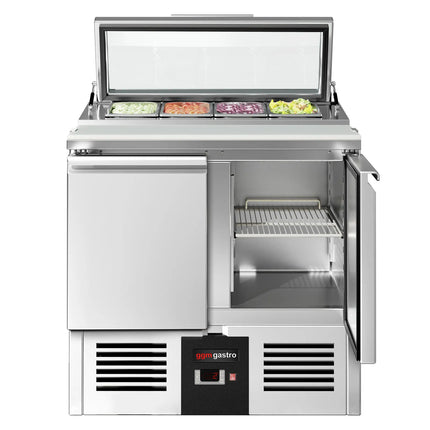 GGM Gastro Commercial Saladette Counter PREMIUM - 900mm - 159L - 2 doors - open top for 4 x GN 1/3 & glass lid
