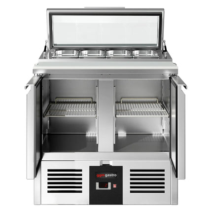 GGM Gastro Commercial Saladette Counter PREMIUM - 900mm - 159L - 2 doors - open top for 4 x GN 1/3 & glass lid