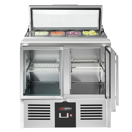 GGM Gastro Commercial Saladette Counter PREMIUM - 900mm - 159L - 2 glass doors - for 4 x GN 1/3 & glass lid