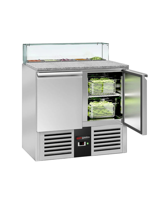 GGM Gastro Commercial Saladette Counter PREMIUM - 900mm - 240L - 2 doors - with square glass canopy for 5 x GN 1/6