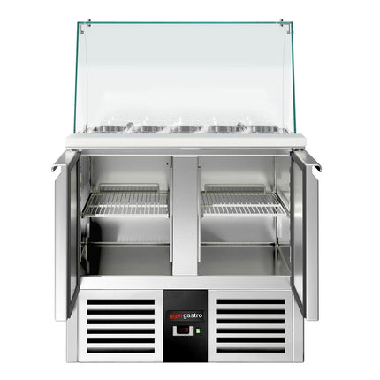 GGM Gastro Commercial Saladette Counter PREMIUM - 900mm - 240L - 2 doors - with glass canopy for 2 x GN 1/1 & 3 x GN 1/6