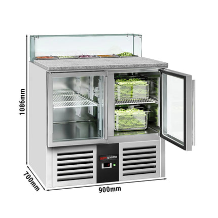 GGM Gastro Commercial Saladette Counter PREMIUM - 900mm - 240L - 2 glass doors - with square glass canopy for 5 x GN 1/6