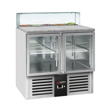 GGM Gastro Commercial Saladette Counter PREMIUM - 900mm - 240L - 2 glass doors - with square glass canopy for 5 x GN 1/6
