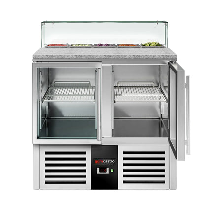 GGM Gastro Commercial Saladette Counter PREMIUM - 900mm - 240L - 2 glass doors - with square glass canopy for 5 x GN 1/6