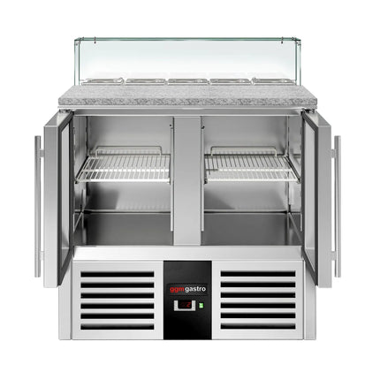 GGM Gastro Commercial Saladette Counter PREMIUM - 900mm - 240L - 2 glass doors - with square glass canopy for 5 x GN 1/6