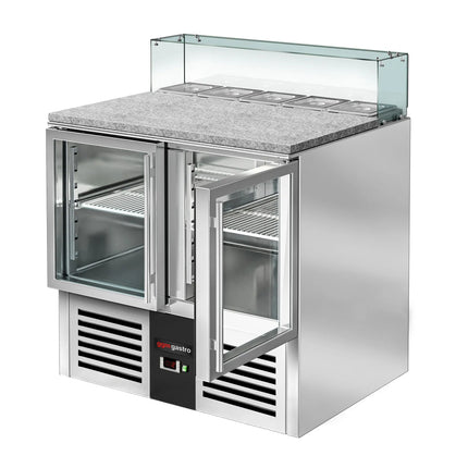 GGM Gastro Commercial Saladette Counter PREMIUM - 900mm - 240L - 2 glass doors - with square glass canopy for 5 x GN 1/6