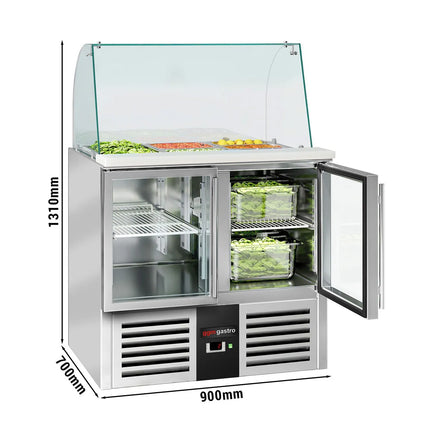 GGM Gastro Commercial Saladette Counter PREMIUM - 900mm - 288L - 2 glass doors - with glass canopy for 2 x GN 1/1 & 3 x GN 1/6