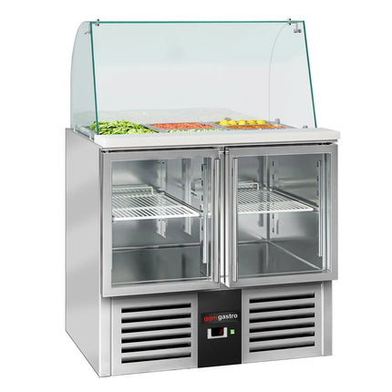 GGM Gastro Commercial Saladette Counter PREMIUM - 900mm - 288L - 2 glass doors - with glass canopy for 2 x GN 1/1 & 3 x GN 1/6