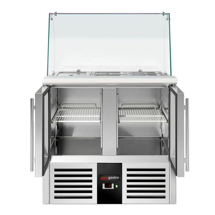 GGM Gastro Commercial Saladette Counter PREMIUM - 900mm - 288L - 2 glass doors - with glass canopy for 2 x GN 1/1 & 3 x GN 1/6