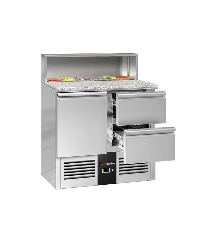 GGM Gastro Commercial Saladette Counter PREMIUM - 903mm - 240L - 1 door & 2 drawers - open top for 5 x GN 1/6 & stainless steel hinged lid