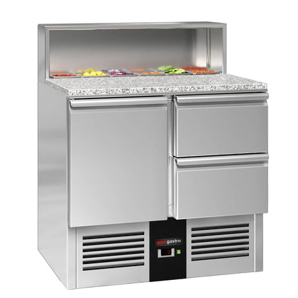 GGM Gastro Commercial Saladette Counter PREMIUM - 903mm - 240L - 1 door & 2 drawers - open top for 5 x GN 1/6 & stainless steel hinged lid