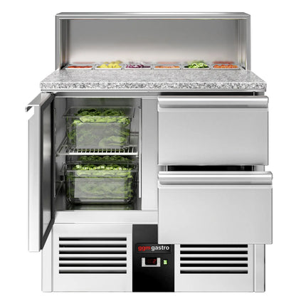 GGM Gastro Commercial Saladette Counter PREMIUM - 903mm - 240L - 1 door & 2 drawers - open top for 5 x GN 1/6 & stainless steel hinged lid