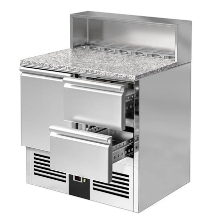 GGM Gastro Commercial Saladette Counter PREMIUM - 903mm - 240L - 1 door & 2 drawers - open top for 5 x GN 1/6 & stainless steel hinged lid