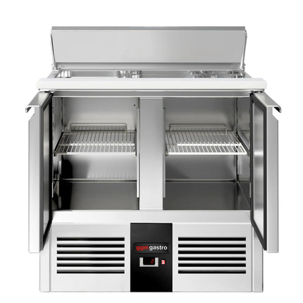 GGM Gastro Commercial Saladette Counter PREMIUM - 903mm - 240L - 2 doors - open top for 2 x GN 1/1 & 3 x GN 1/6 & stainless steel hinged lid - UK