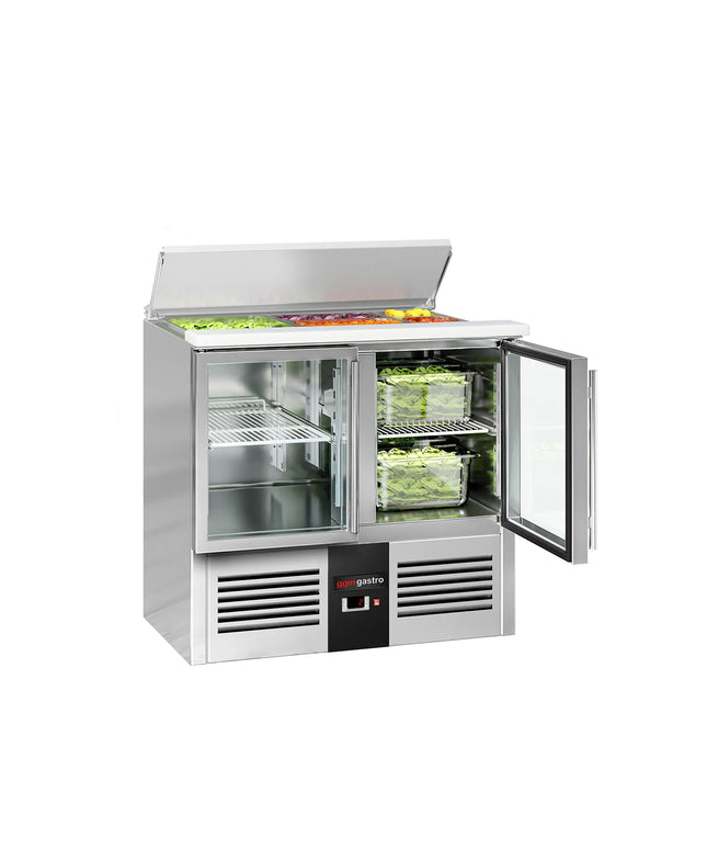 GGM Gastro Commercial Saladette Counter PREMIUM - 903mm - 240L - 2 glass doors - open top for 2 x GN 1/1 & 3 x GN 1/6 & stainless steel hinged lid