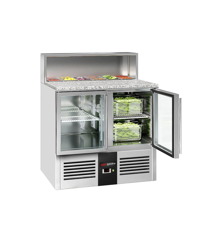 GGM Gastro Commercial Saladette Counter PREMIUM - 903mm - 240L - 2 glass doors - open top for 5 x GN 1/6 & stainless steel hinged lid