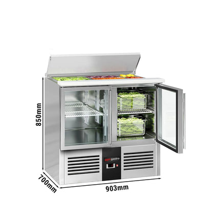 GGM Gastro Commercial Saladette Counter PREMIUM - 903mm - 240L - 2 glass doors - open top for 2 x GN 1/1 & 3 x GN 1/6 & stainless steel hinged lid