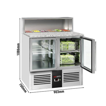 GGM Gastro Commercial Saladette Counter PREMIUM - 903mm - 240L - 2 glass doors - open top for 5 x GN 1/6 & stainless steel hinged lid